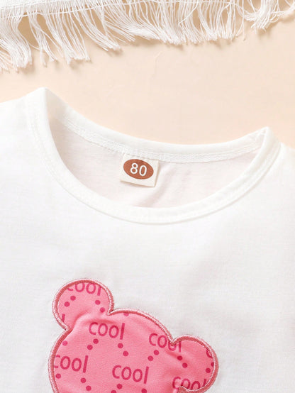 3pcs Baby Girl's Elegant Sweet Soft Comfortable Cartoon Bear Embroidered Top With Ruffle Hem, Letter Printed Sports Shorts And Belted, Suitable For Casual Daily Holiday Outfits