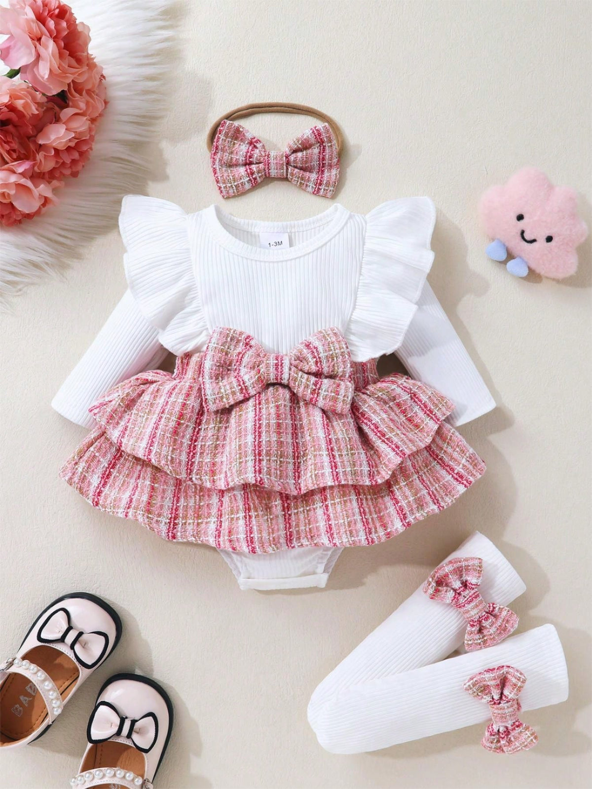 3pcs Baby Girls Soft Breathable Cute Bow Patchwork Floral Ruffle Dress Bodysuit & Headband & Socks Set