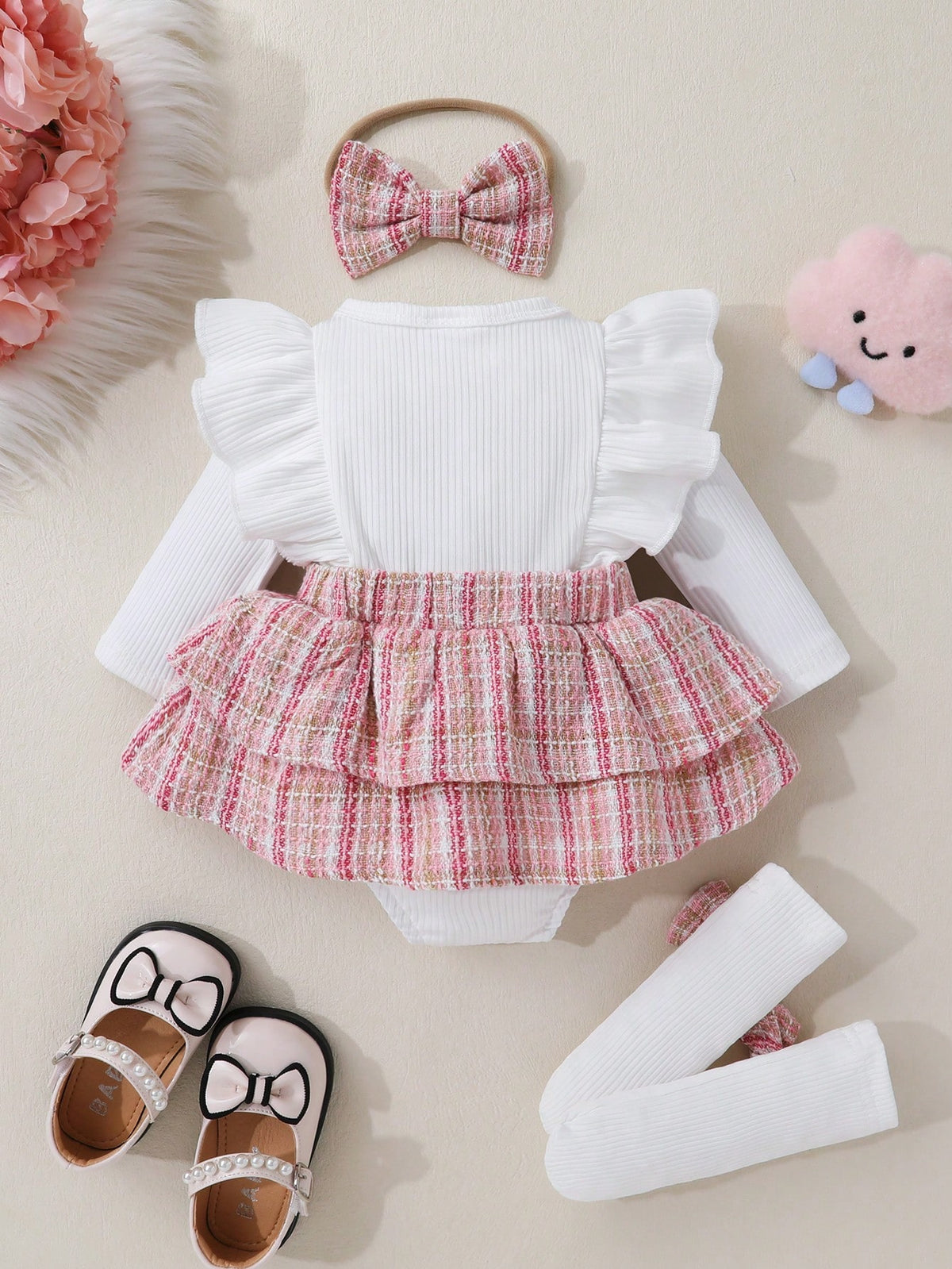 3pcs Baby Girls Soft Breathable Cute Bow Patchwork Floral Ruffle Dress Bodysuit & Headband & Socks Set