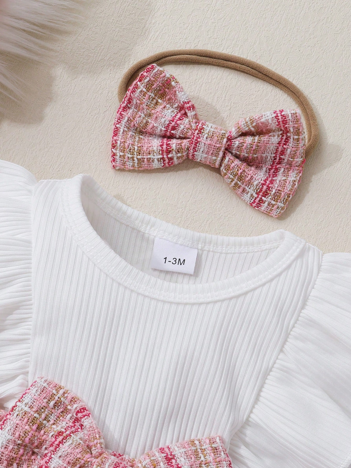 3pcs Baby Girls Soft Breathable Cute Bow Patchwork Floral Ruffle Dress Bodysuit & Headband & Socks Set