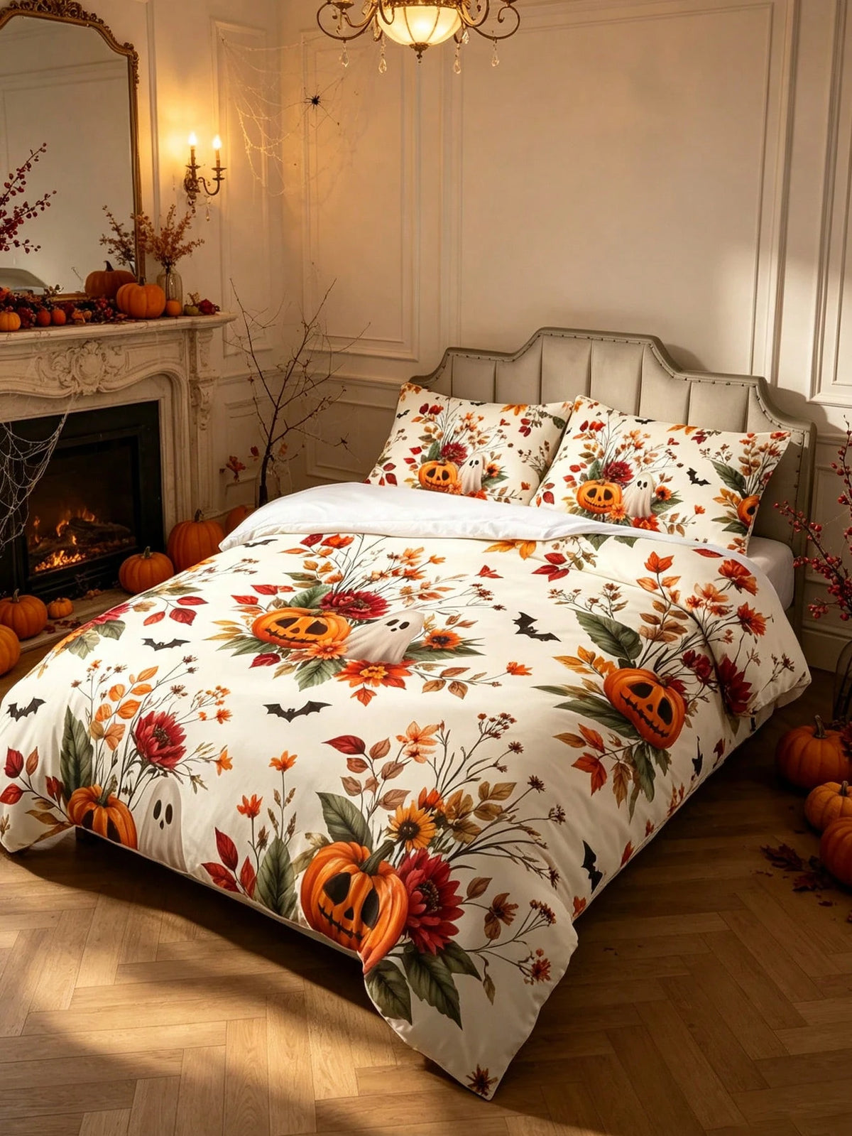 3Pcs Boho Pumpkin Floral Leaf Duvet Cover Pillow Cover Pattern Is Random Duvet Cover Set (1 Duvet Cover + 2 Pillowcase Without Pillow Insert), Bedding Set, Soft Warm And Cozy Bedding Set For Bedroom