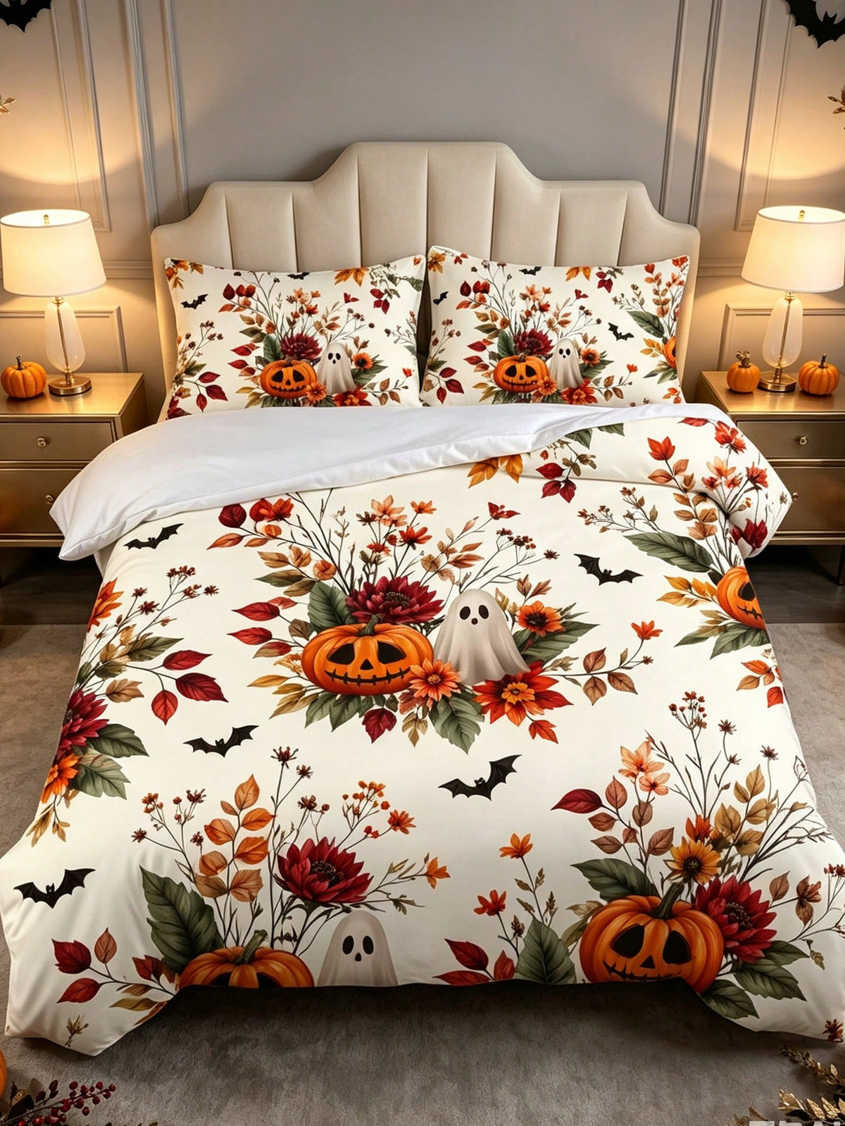 3Pcs Boho Pumpkin Floral Leaf Duvet Cover Pillow Cover Pattern Is Random Duvet Cover Set (1 Duvet Cover + 2 Pillowcase Without Pillow Insert), Bedding Set, Soft Warm And Cozy Bedding Set For Bedroom