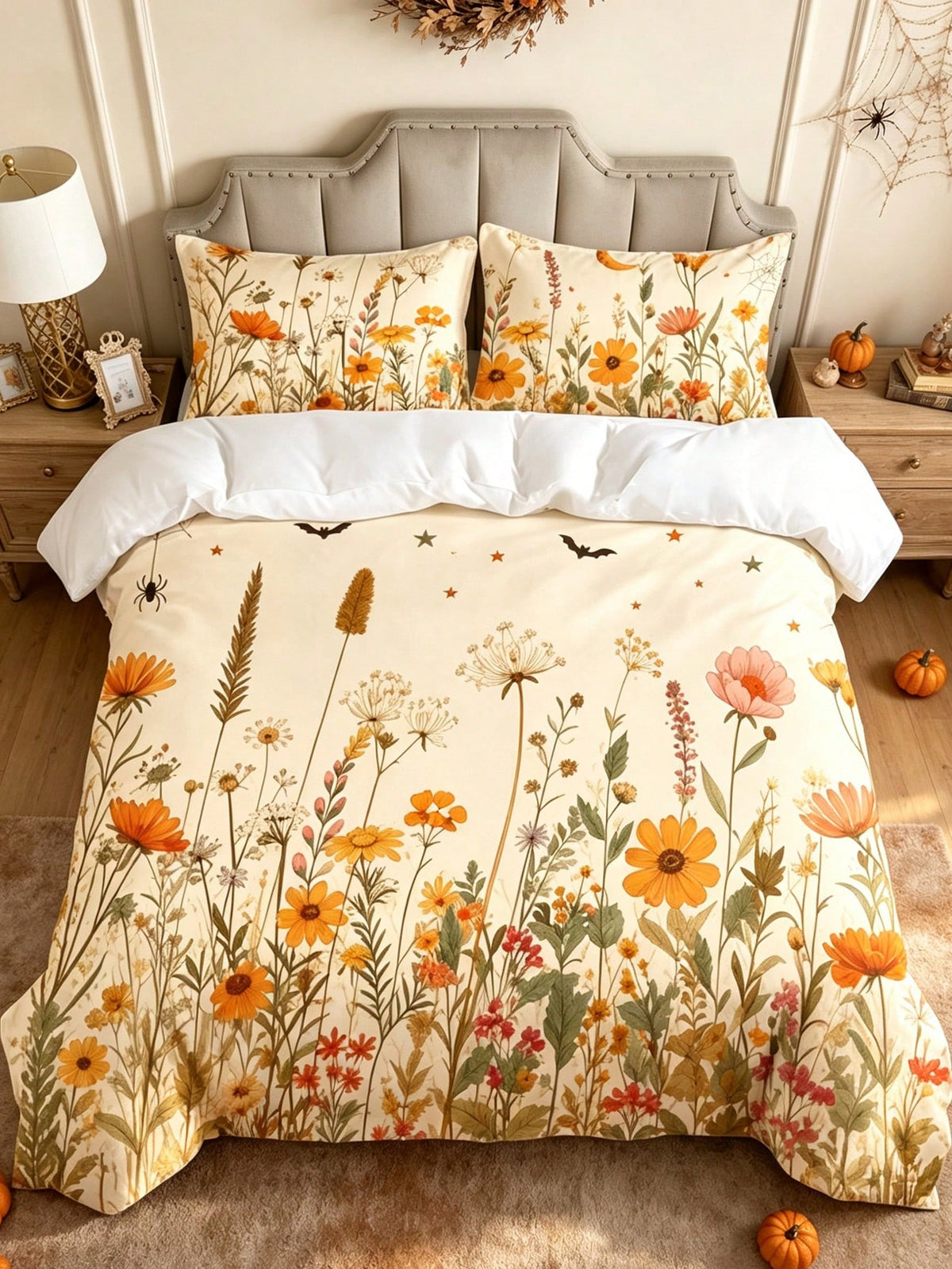 3Pcs Boho Pumpkin Floral Leaf Duvet Cover Pillow Cover Pattern Is Random Duvet Cover Set (1 Duvet Cover + 2 Pillowcase Without Pillow Insert), Bedding Set, Soft Warm And Cozy Bedding Set For Bedroom