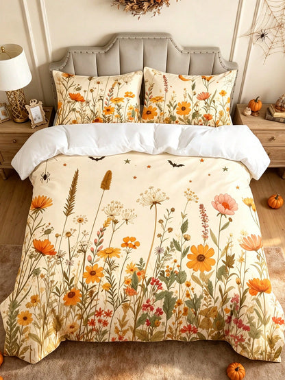 3Pcs Boho Pumpkin Floral Leaf Duvet Cover Pillow Cover Pattern Is Random Duvet Cover Set (1 Duvet Cover + 2 Pillowcase Without Pillow Insert), Bedding Set, Soft Warm And Cozy Bedding Set For Bedroom