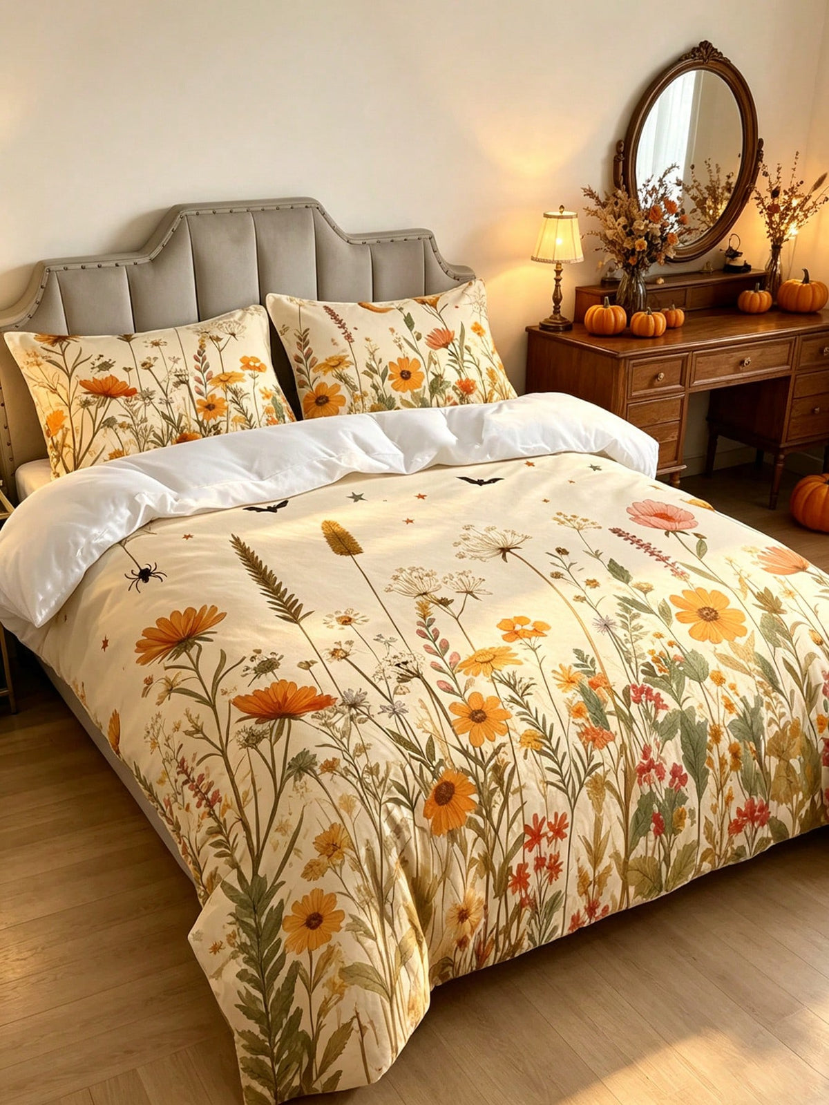 3Pcs Boho Pumpkin Floral Leaf Duvet Cover Pillow Cover Pattern Is Random Duvet Cover Set (1 Duvet Cover + 2 Pillowcase Without Pillow Insert), Bedding Set, Soft Warm And Cozy Bedding Set For Bedroom