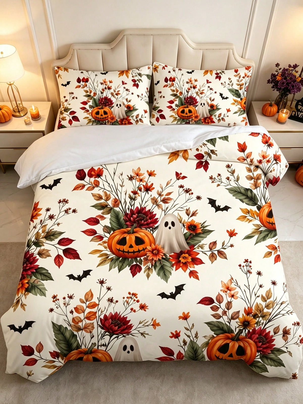 3Pcs Boho Pumpkin Floral Leaf Duvet Cover Pillow Cover Pattern Is Random Duvet Cover Set (1 Duvet Cover + 2 Pillowcase Without Pillow Insert), Bedding Set, Soft Warm And Cozy Bedding Set For Bedroom