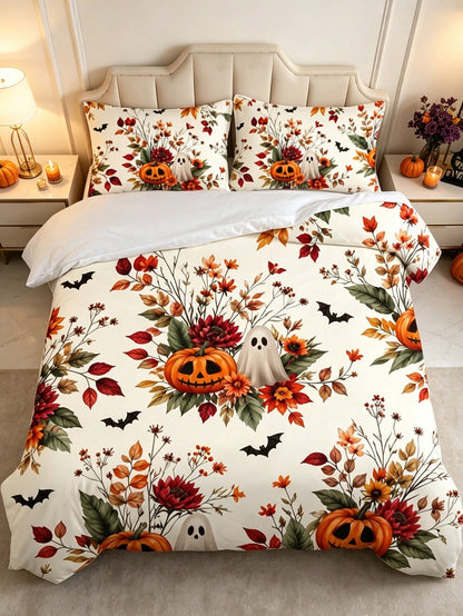 3Pcs Boho Pumpkin Floral Leaf Duvet Cover Pillow Cover Pattern Is Random Duvet Cover Set (1 Duvet Cover + 2 Pillowcase Without Pillow Insert), Bedding Set, Soft Warm And Cozy Bedding Set For Bedroom