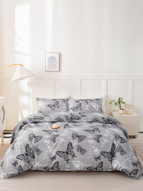 3pcs Butterfly Pattern Bedding Set (1 Duvet Cover And 2 Pillow Shams), Soft And Skin-Friendly, Suitable For All Seasons