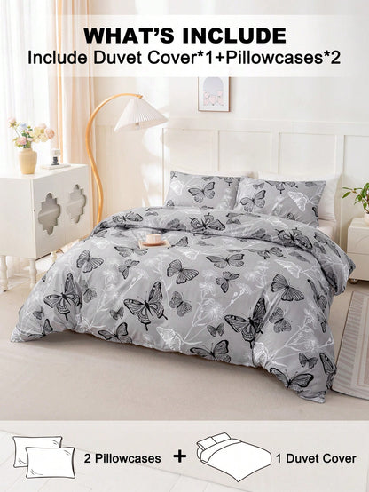 3pcs Butterfly Pattern Bedding Set (1 Duvet Cover And 2 Pillow Shams), Soft And Skin-Friendly, Suitable For All Seasons