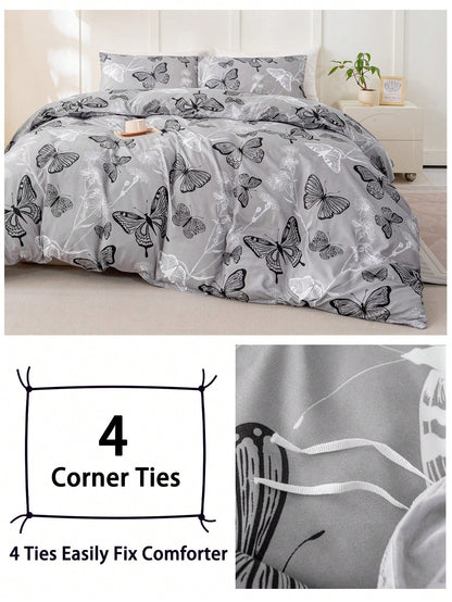 3pcs Butterfly Pattern Bedding Set (1 Duvet Cover And 2 Pillow Shams), Soft And Skin-Friendly, Suitable For All Seasons