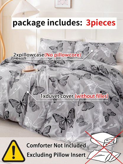 3pcs Butterfly Pattern Bedding Set (1 Duvet Cover And 2 Pillow Shams), Soft And Skin-Friendly, Suitable For All Seasons