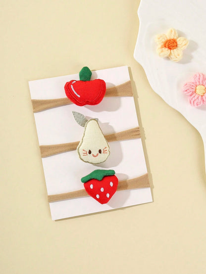 3pcs Cartoon Fabric Embroidered Fruit Baby Headbands, Cute 3D Apple & Strawberry Soft Comfortable Seamless Nylon Baby Hair Accessories (Excluding Display Card)