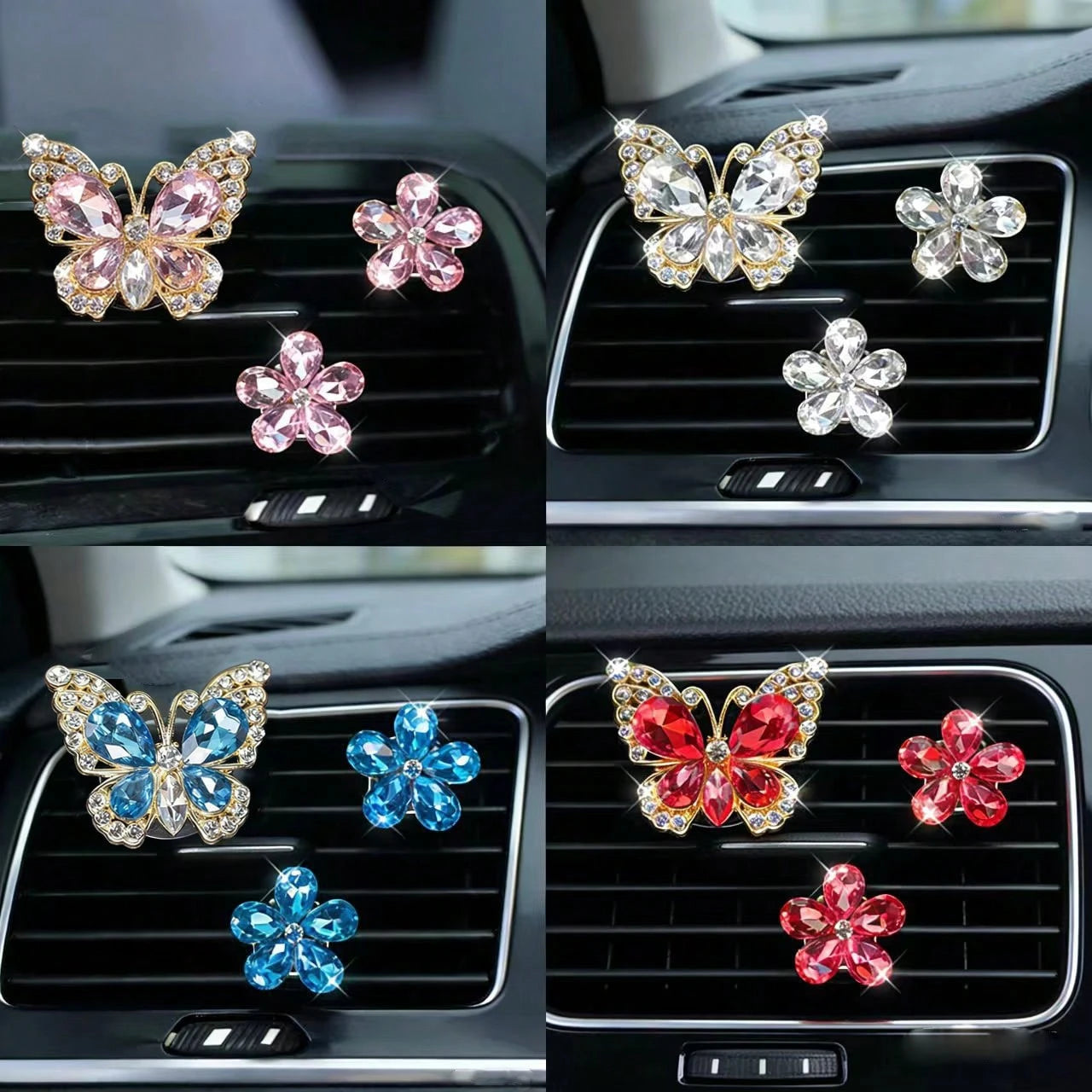 3pcs Crystal Butterfly Flower Car Air Vent Fragrance Clip, Car Interior Decor Fragrance Diffuser, Air Freshener Clip