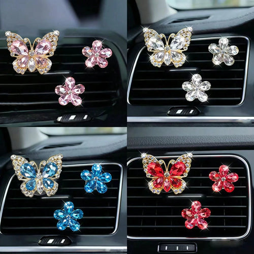3pcs Crystal Butterfly Flower Car Air Vent Fragrance Clip, Car Interior Decor Fragrance Diffuser, Air Freshener Clip