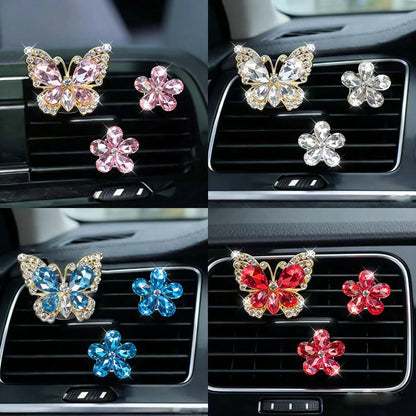 3pcs Crystal Butterfly Flower Car Air Vent Fragrance Clip, Car Interior Decor Fragrance Diffuser, Air Freshener Clip