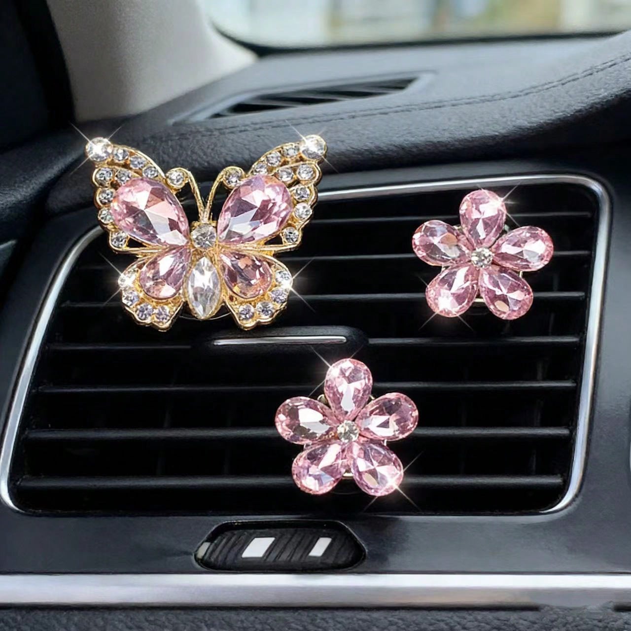 3pcs Crystal Butterfly Flower Car Air Vent Fragrance Clip, Car Interior Decor Fragrance Diffuser, Air Freshener Clip