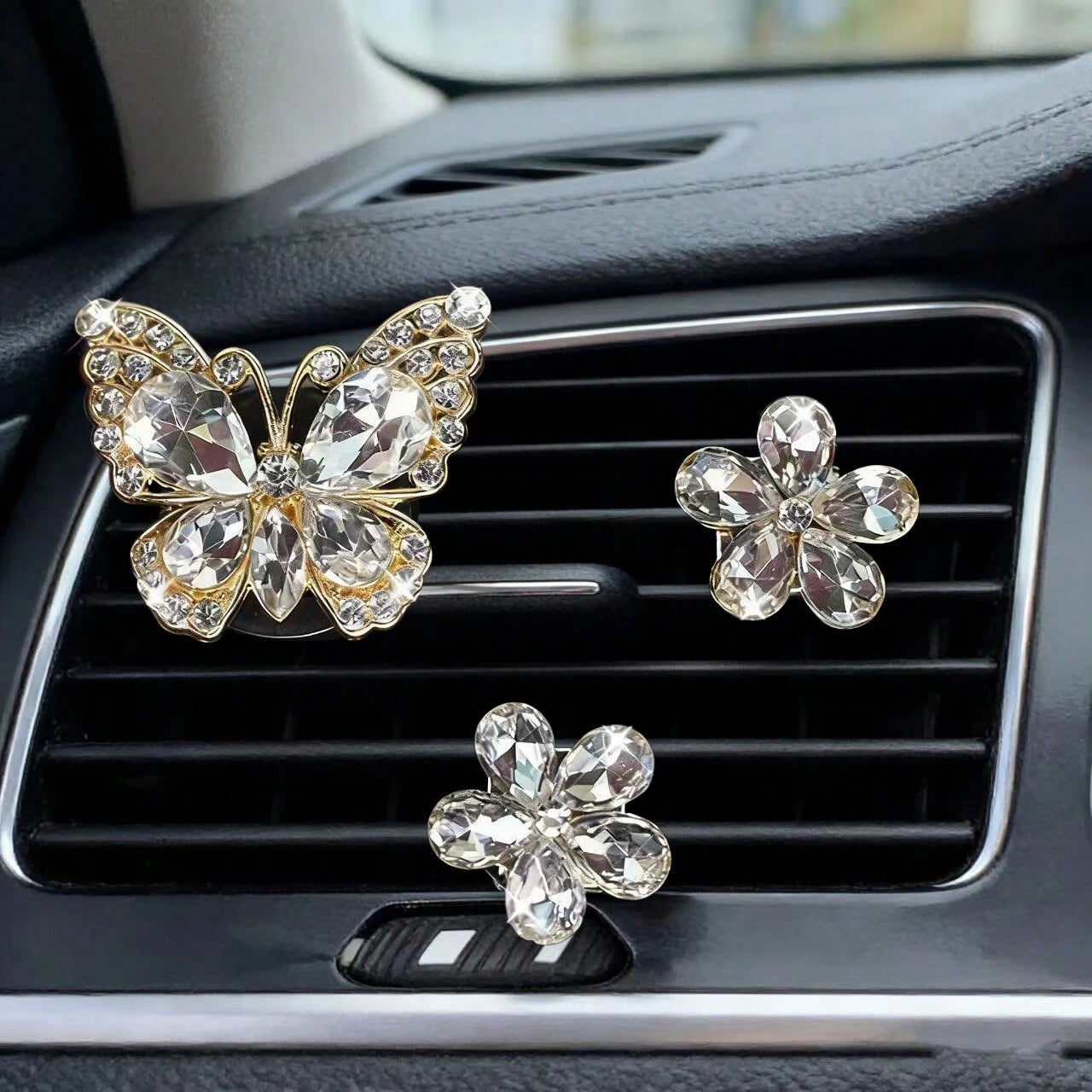 3pcs Crystal Butterfly Flower Car Air Vent Fragrance Clip, Car Interior Decor Fragrance Diffuser, Air Freshener Clip