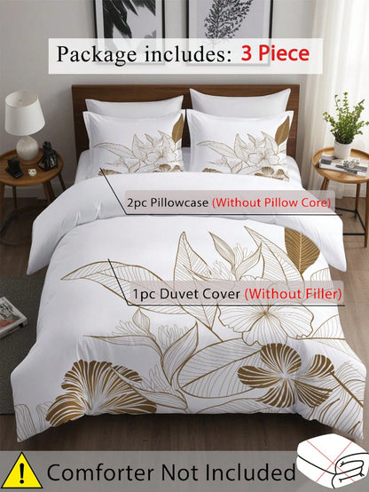 3pcs Elegant Floral Print Duvet Cover Set (1 Duvet Cover + 2 Pillow Shams, Comforter Not Included), Soft & Comfortable White Bedding Set, Suitable For Bedroom And Guest Room Decor