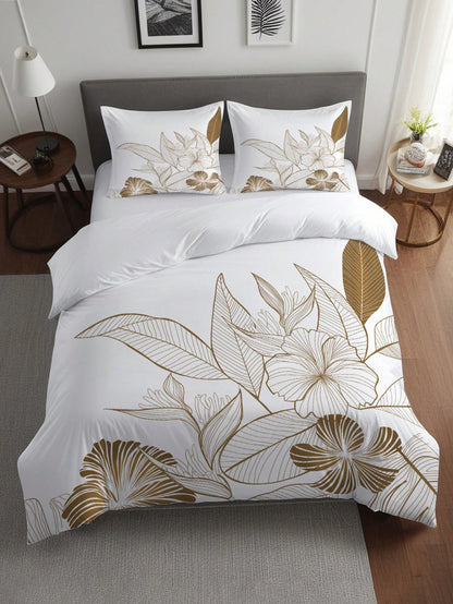 3pcs Elegant Floral Print Duvet Cover Set (1 Duvet Cover + 2 Pillow Shams, Comforter Not Included), Soft & Comfortable White Bedding Set, Suitable For Bedroom And Guest Room Decor