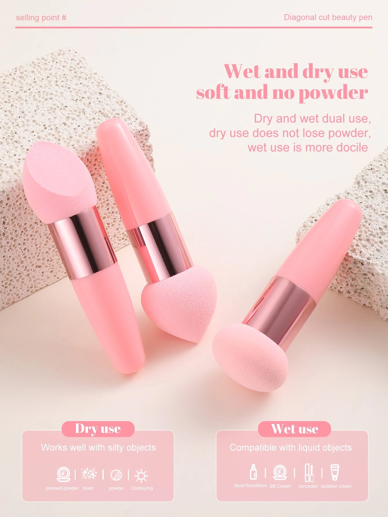 3Pcs Makeup Sponge Facial Foundation Sponge Professional Makeup Blending Sponge With Handle Beauty Sponge Blender Dry & Wet Use Makeup Sponges For Foundation,Makeup,Cheap,Room Decor,Vanity,Travel,Bedr