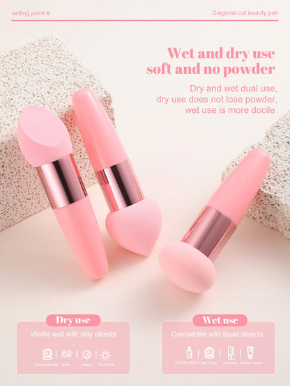3Pcs Makeup Sponge Facial Foundation Sponge Professional Makeup Blending Sponge With Handle Beauty Sponge Blender Dry & Wet Use Makeup Sponges For Foundation,Makeup,Cheap,Room Decor,Vanity,Travel,Bedr