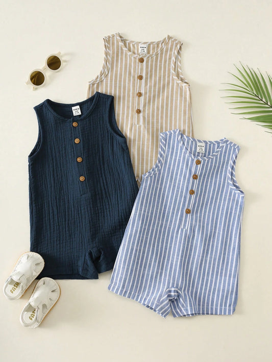 3pcs Newborn Baby Boy Baby Girl Summer Casual Striped Crinkle Fabric Romper Set, Basic Multi-Piece Set, Cute Striped Romper