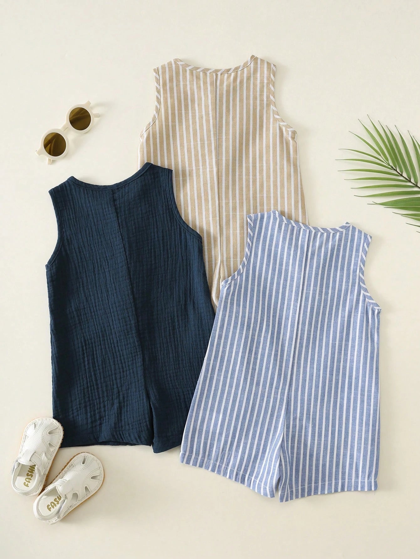 3pcs Newborn Baby Boy Baby Girl Summer Casual Striped Crinkle Fabric Romper Set, Basic Multi-Piece Set, Cute Striped Romper