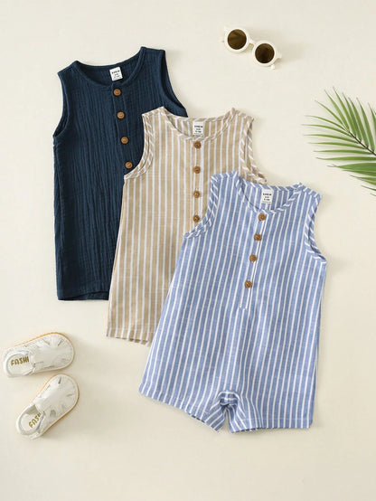 3pcs Newborn Baby Boy Baby Girl Summer Casual Striped Crinkle Fabric Romper Set, Basic Multi-Piece Set, Cute Striped Romper