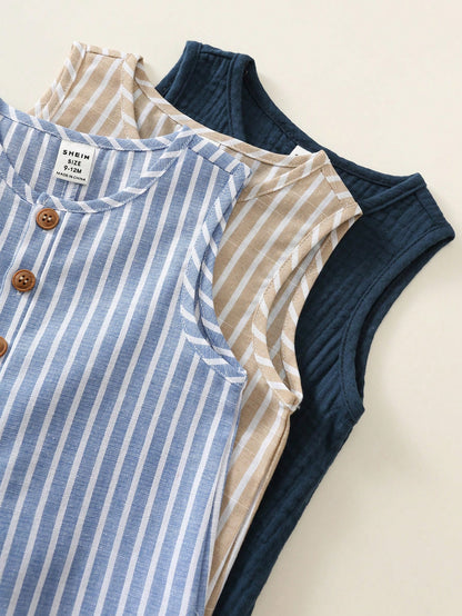 3pcs Newborn Baby Boy Baby Girl Summer Casual Striped Crinkle Fabric Romper Set, Basic Multi-Piece Set, Cute Striped Romper
