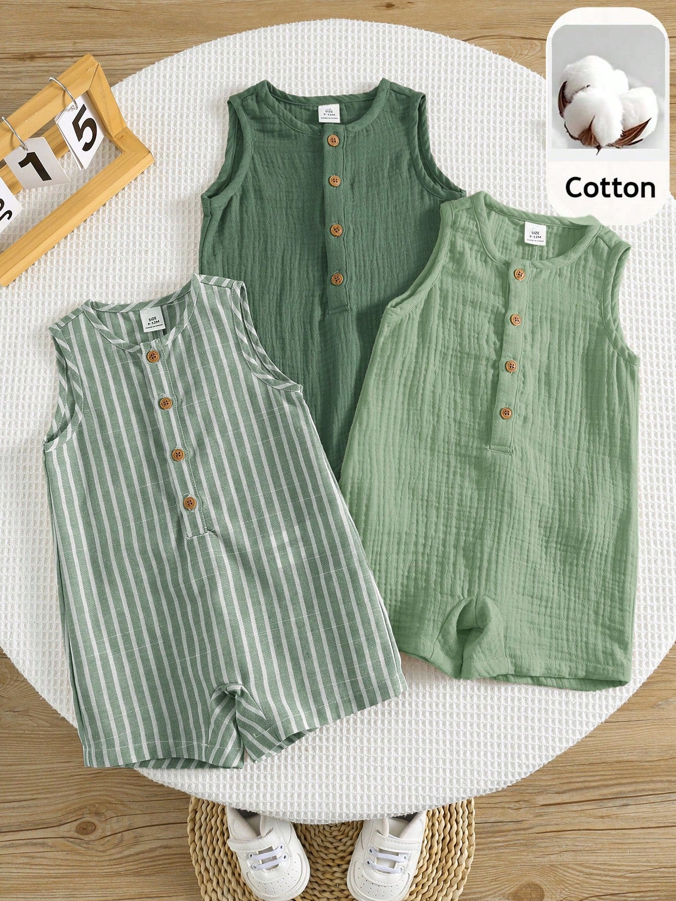 3pcs Newborn Baby Boy Baby Girl Summer Casual Striped Crinkle Fabric Romper Set, Basic Multi-Piece Set, Cute Striped Romper