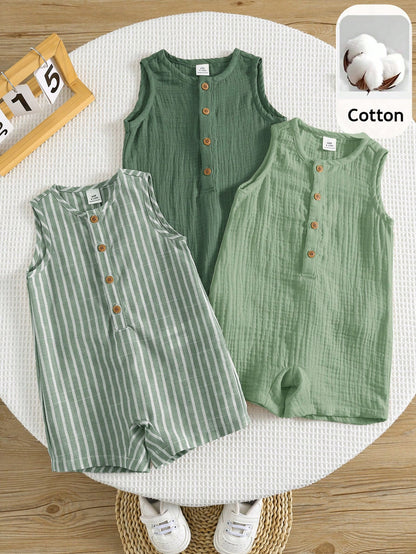 3pcs Newborn Baby Boy Baby Girl Summer Casual Striped Crinkle Fabric Romper Set, Basic Multi-Piece Set, Cute Striped Romper