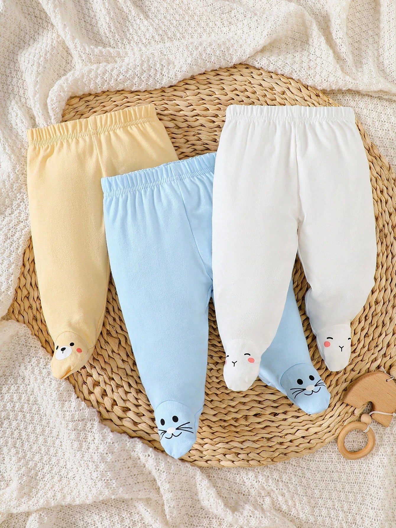 3pcs Newborn Baby Casual Cute Yellow Bear, Pink Kitty, White Rabbit Footless Pants, Cotton Baby Clothes Outfit Fall Winter