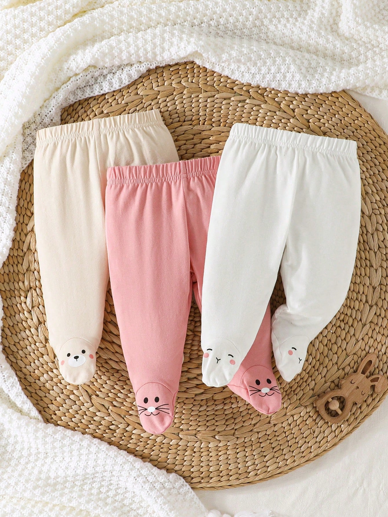 3pcs Newborn Baby Casual Cute Yellow Bear, Pink Kitty, White Rabbit Footless Pants, Cotton Baby Clothes Outfit Fall Winter