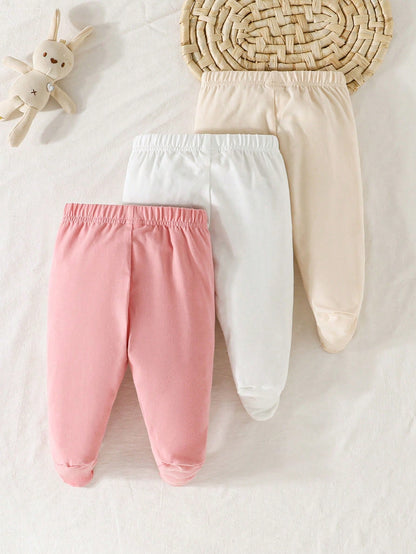 3pcs Newborn Baby Casual Cute Yellow Bear, Pink Kitty, White Rabbit Footless Pants, Cotton Baby Clothes Outfit Fall Winter