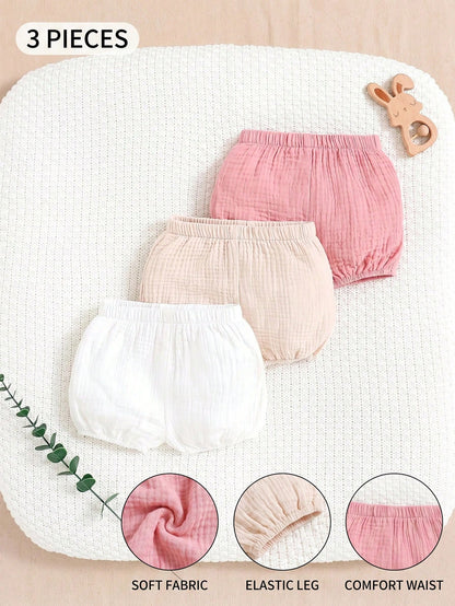 3pcs Newborn Baby Girl Casual Solid Color Elastic Waist Shorts Set