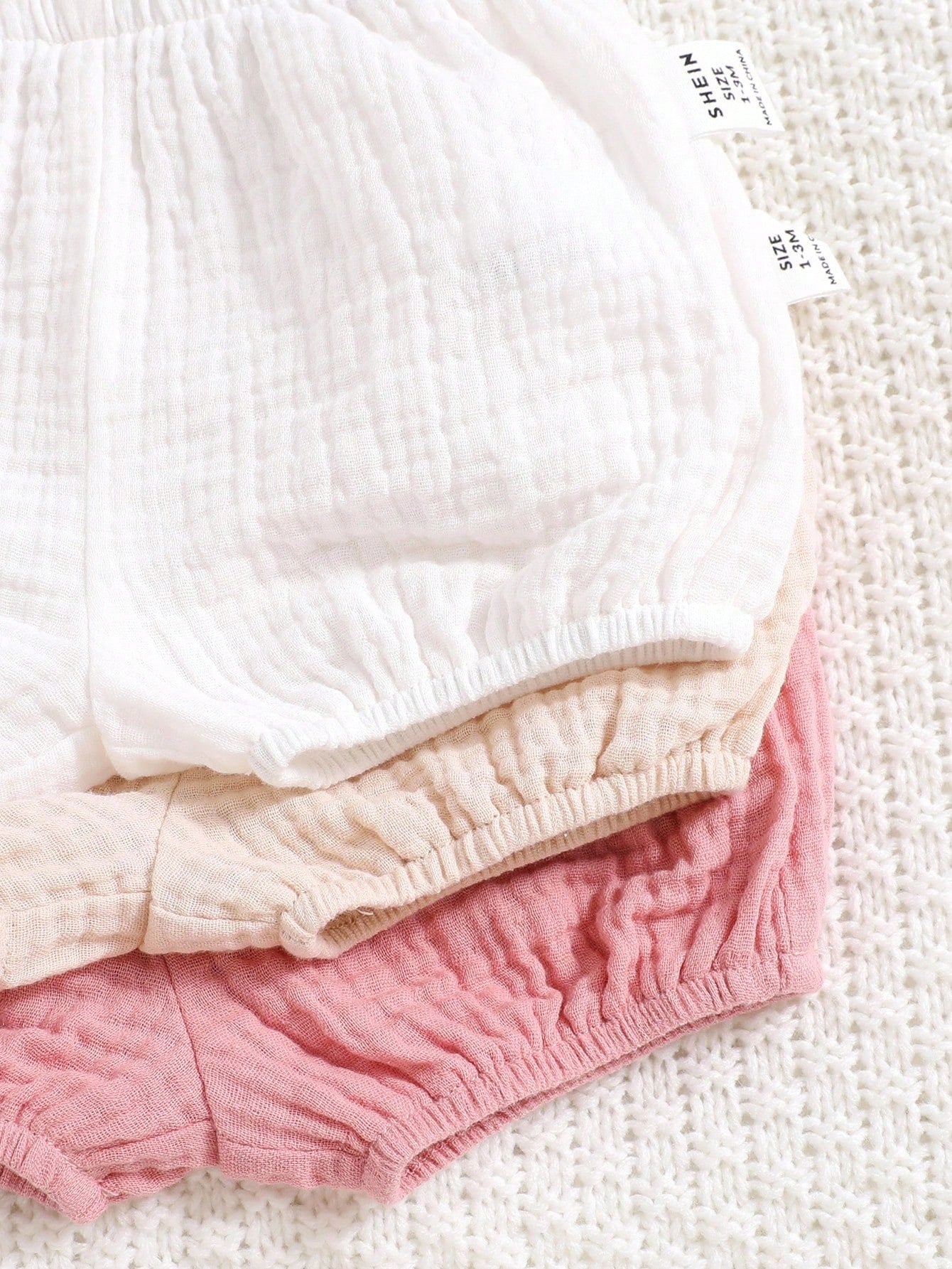 3pcs Newborn Baby Girl Casual Solid Color Elastic Waist Shorts Set
