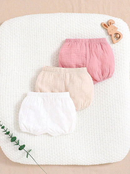 3pcs Newborn Baby Girl Casual Solid Color Elastic Waist Shorts Set
