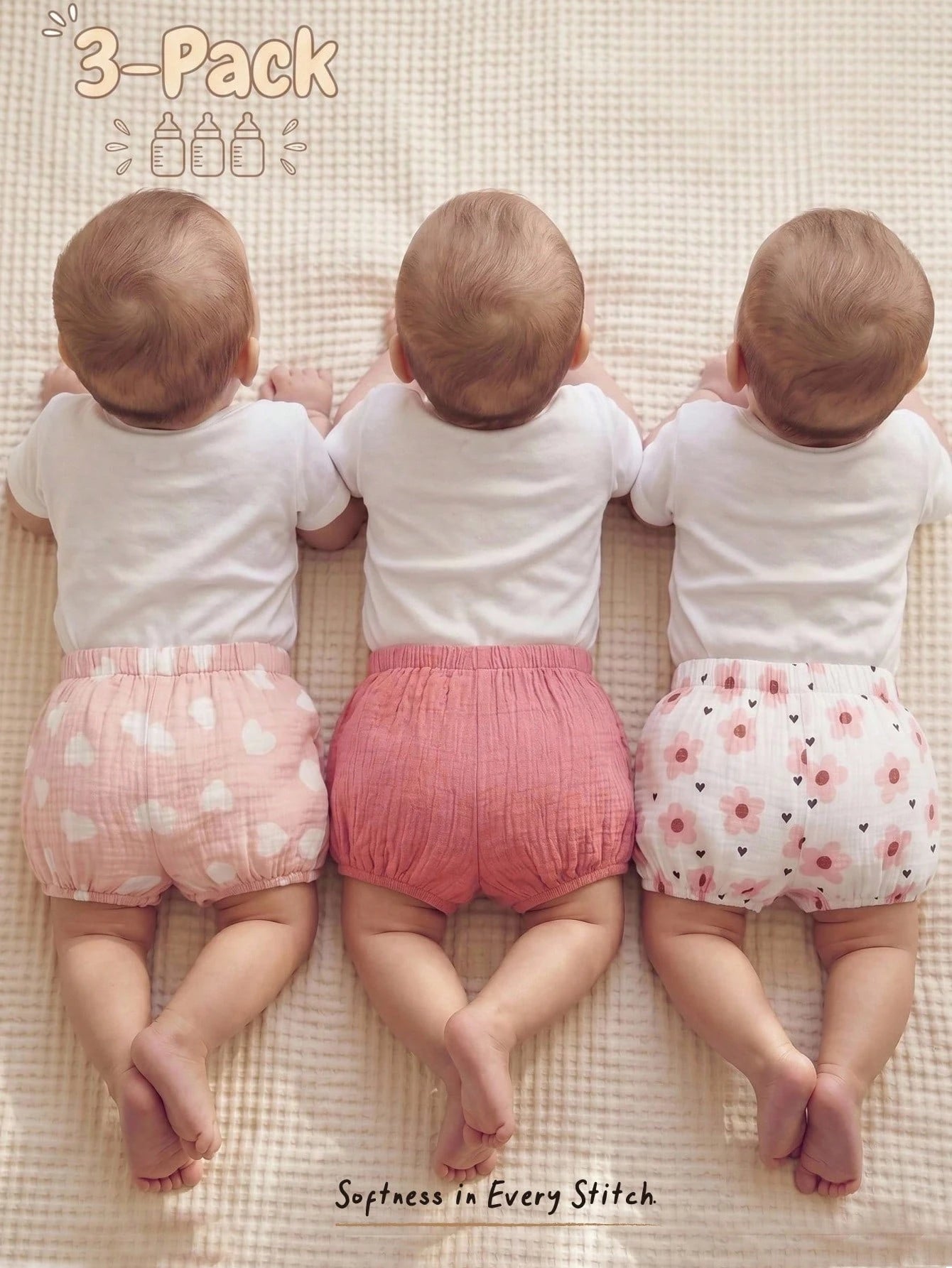 3pcs Newborn Baby Girl Casual Solid Color Elastic Waist Shorts Set