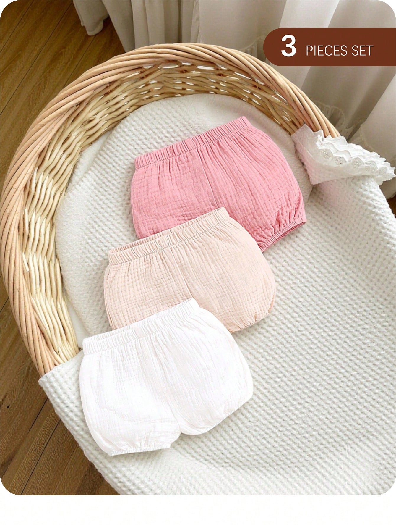 3pcs Newborn Baby Girl Casual Solid Color Elastic Waist Shorts Set