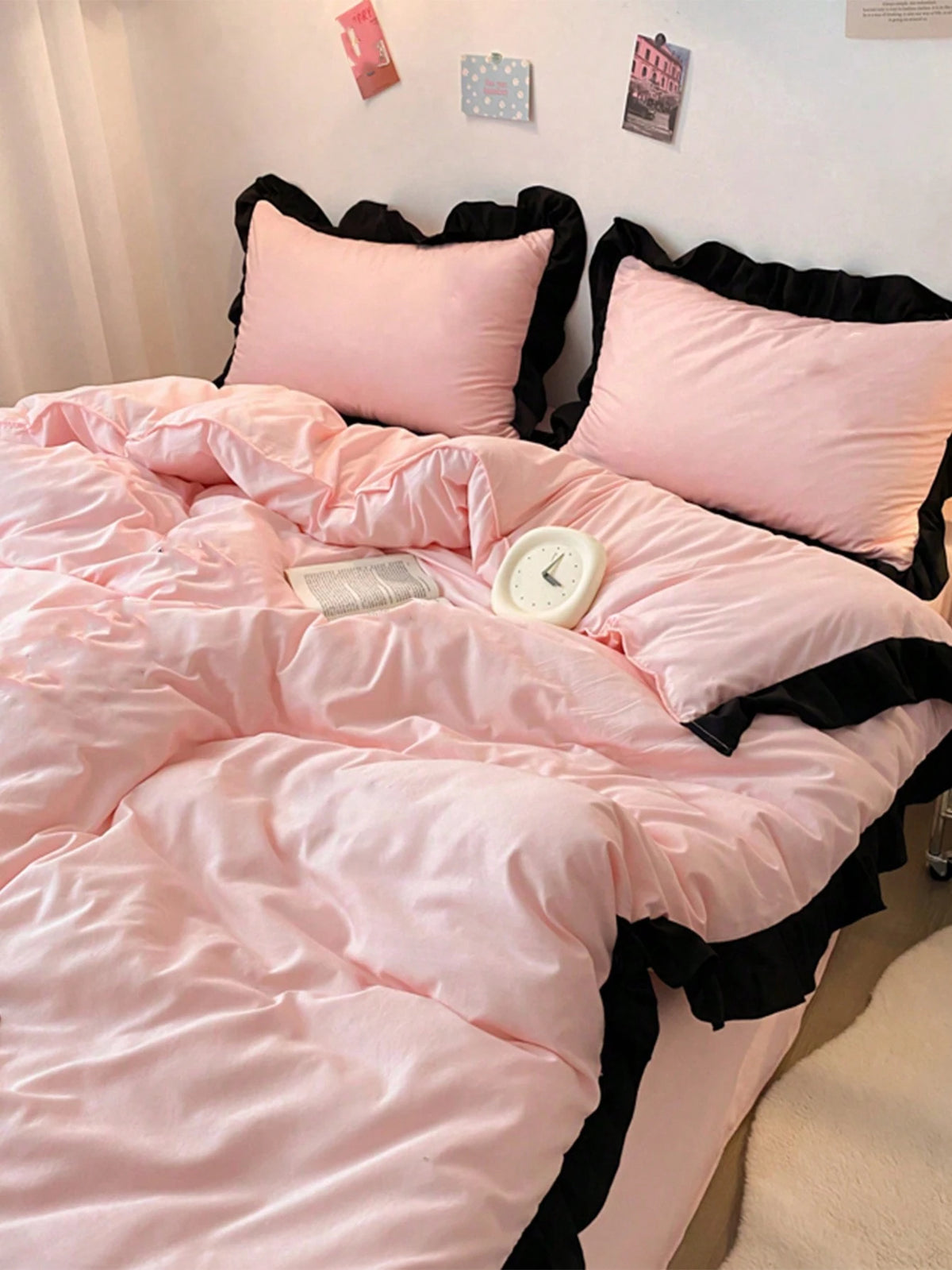 3pcs Pink Lace Bedding Set, 1 Duvet Cover And 2 Pillowcases, Dorm Bedding For Boys And Girls, Minimalist Fashion Home Decor, Soft And Comfortable Bedroom Bedding, Fashion Set, Machine Washable, No Fil