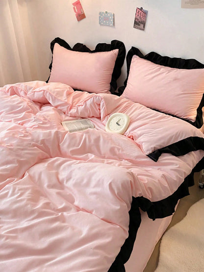 3pcs Pink Lace Bedding Set, 1 Duvet Cover And 2 Pillowcases, Dorm Bedding For Boys And Girls, Minimalist Fashion Home Decor, Soft And Comfortable Bedroom Bedding, Fashion Set, Machine Washable, No Fil