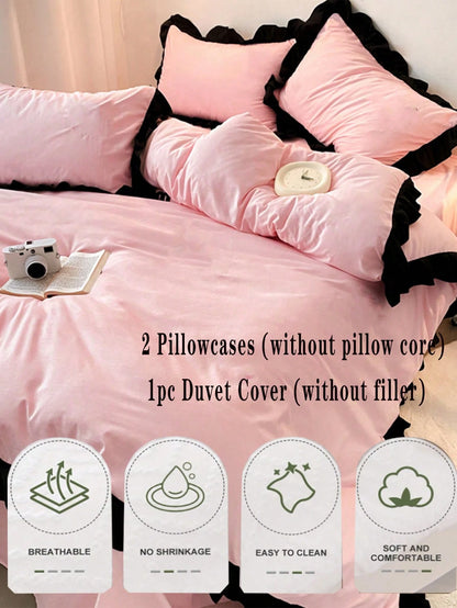 3pcs Pink Lace Bedding Set, 1 Duvet Cover And 2 Pillowcases, Dorm Bedding For Boys And Girls, Minimalist Fashion Home Decor, Soft And Comfortable Bedroom Bedding, Fashion Set, Machine Washable, No Fil