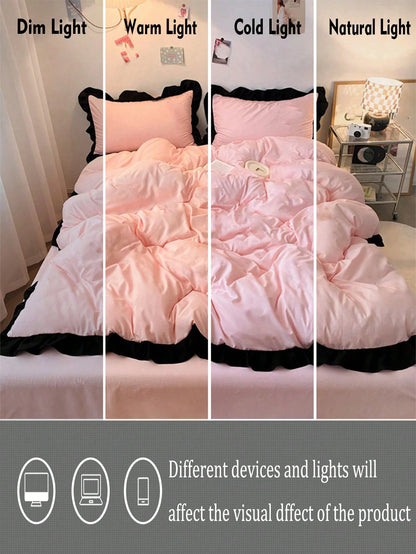 3pcs Pink Lace Bedding Set, 1 Duvet Cover And 2 Pillowcases, Dorm Bedding For Boys And Girls, Minimalist Fashion Home Decor, Soft And Comfortable Bedroom Bedding, Fashion Set, Machine Washable, No Fil