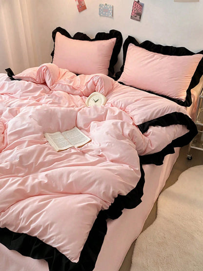 3pcs Pink Lace Bedding Set, 1 Duvet Cover And 2 Pillowcases, Dorm Bedding For Boys And Girls, Minimalist Fashion Home Decor, Soft And Comfortable Bedroom Bedding, Fashion Set, Machine Washable, No Fil