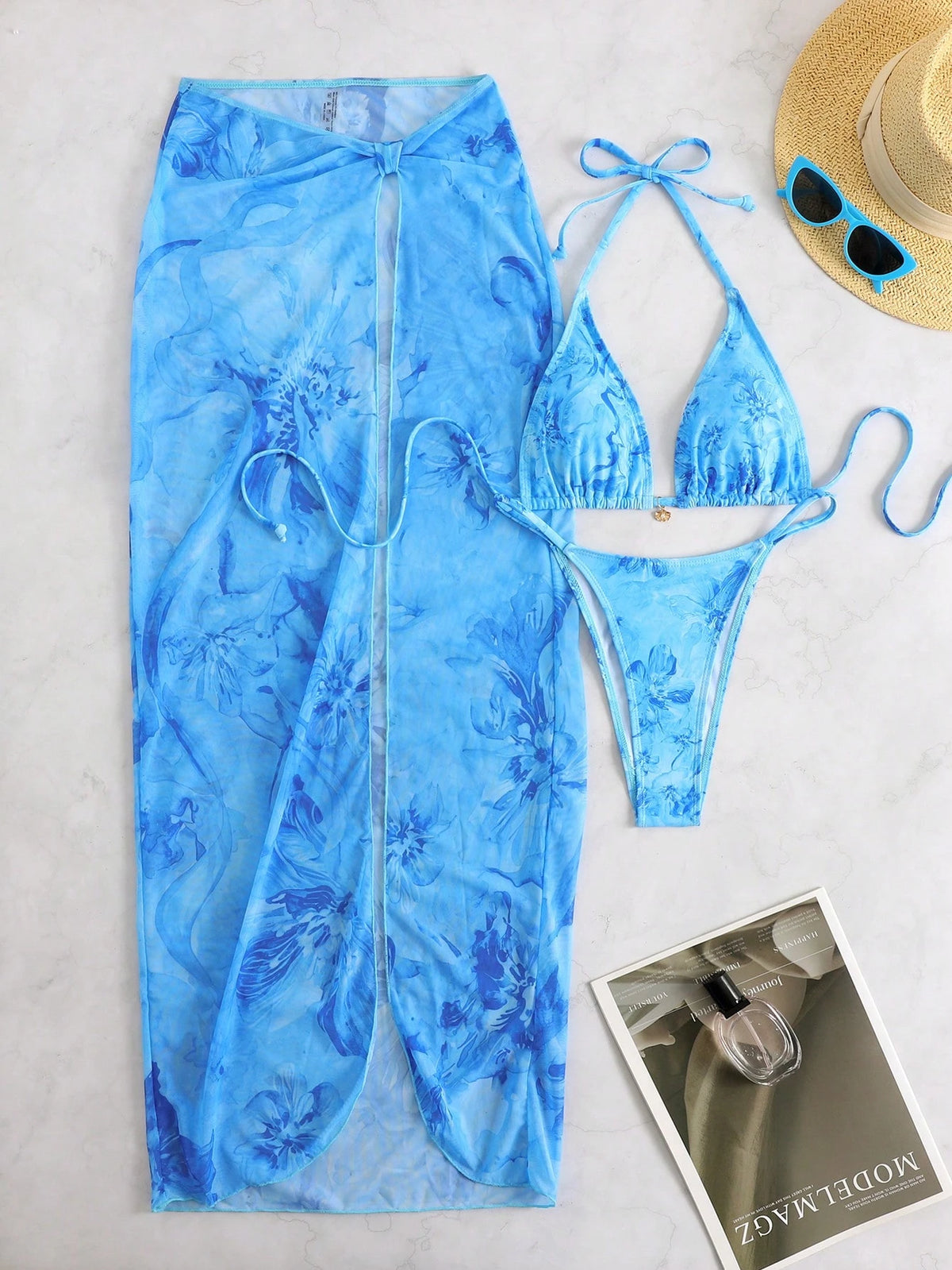 3pcs/Set 2026 Sexy Floral European And American Style Swimwear, Mesh Maxi Skirt Bikini Beach Wear Vacation Summer