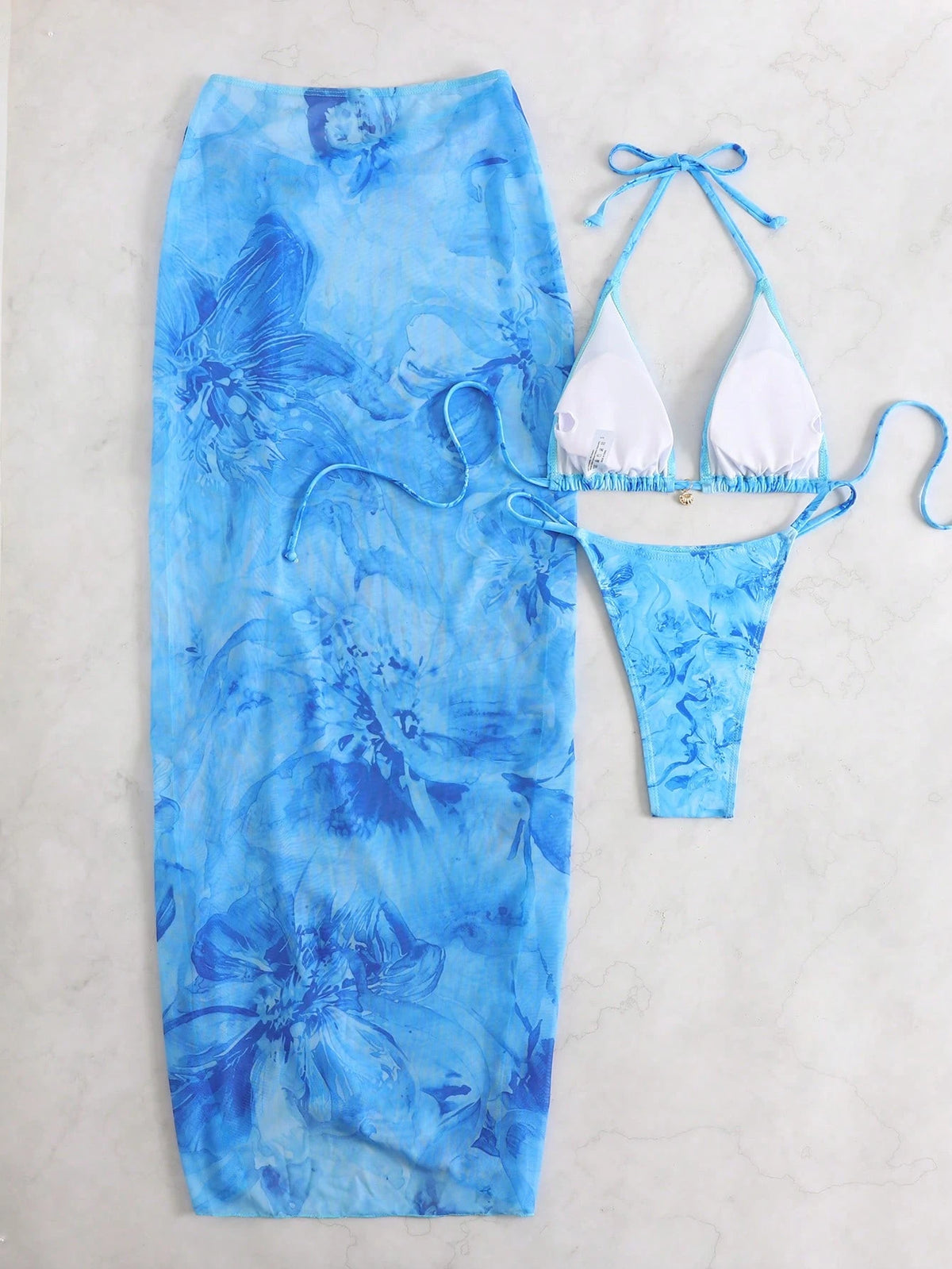 3pcs/Set 2026 Sexy Floral European And American Style Swimwear, Mesh Maxi Skirt Bikini Beach Wear Vacation Summer