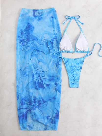 3pcs/Set 2026 Sexy Floral European And American Style Swimwear, Mesh Maxi Skirt Bikini Beach Wear Vacation Summer