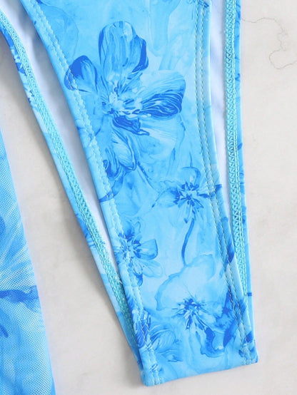 3pcs/Set 2026 Sexy Floral European And American Style Swimwear, Mesh Maxi Skirt Bikini Beach Wear Vacation Summer