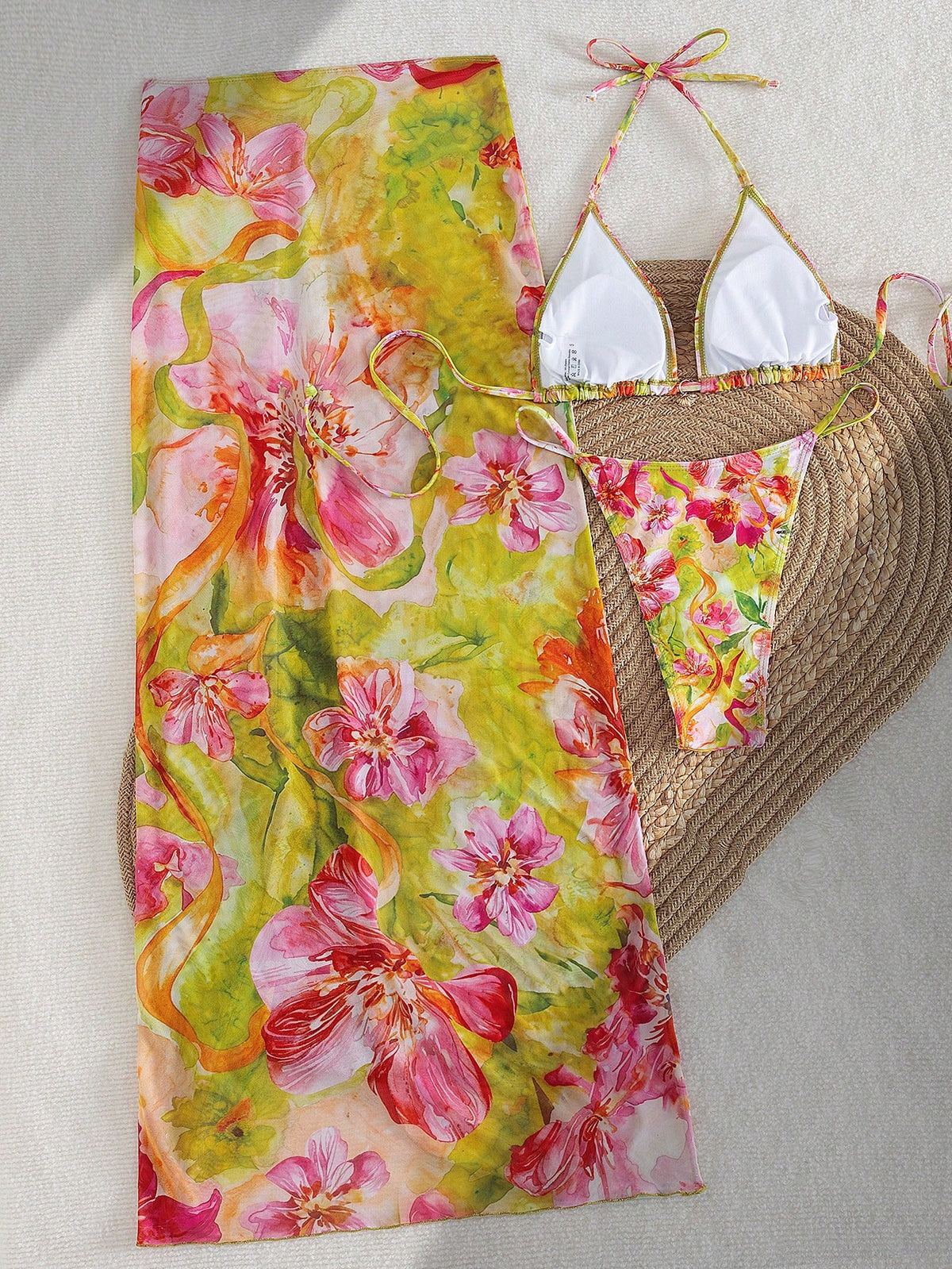 3pcs/Set 2026 Sexy Floral European And American Style Swimwear, Mesh Maxi Skirt Bikini Beach Wear Vacation Summer