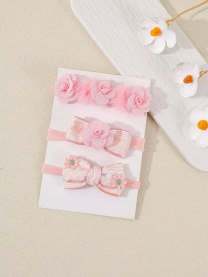 3pcs/Set Baby Girl Super Soft Elastic Nylon Flower Headbands, Suitable For Newborn And Infant Photography, Perfect For Valentine's Day (Paper Card Not Included, For Display Only)